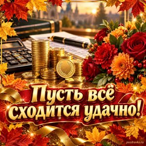 Открытка «Пусть всё сходится удачно!» с символическими монетами и цветами в рамке из кленовых листьев