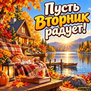 Открытка «Пусть вторник радует!» с домиком у озера