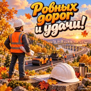 Открытка «Ровных дорог и удачи!» с дорожным инженером и каской на фоне мягких осенних облаков