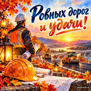 Открытка «Ровных дорог и удачи!» с дорожным инженером и каской в сиянии уютных фонариков