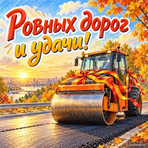 Открытка «Ровных дорог и удачи!» с катком на солнечной дороге с нарядными праздничными лентами