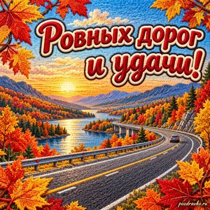 Открытка «Ровных дорог и удачи!» с красивой осенней трассой в рамке из кленовых листьев