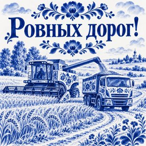 Открытка «Ровных дорог!» с грузовиком в поле