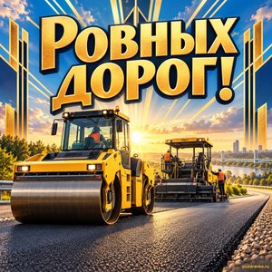 Открытка «Ровных дорог!» с катком и укладчиком