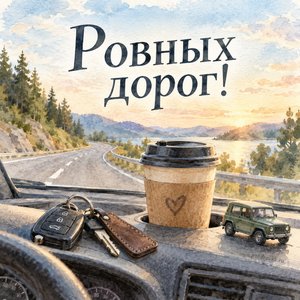 Открытка «Ровных дорог!» с ключами и кофе