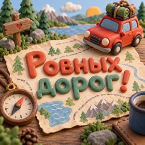 Открытка «Ровных дорог!» с компасом и картой
