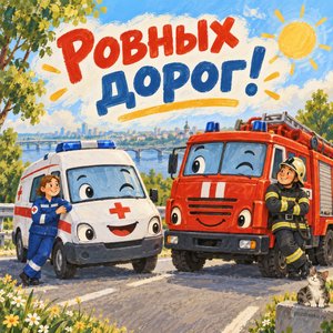 Открытка «Ровных дорог!» со скорой и пожарной машиной