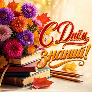 Открытка День знаний, 1 сентября с букетом астр и учебниками