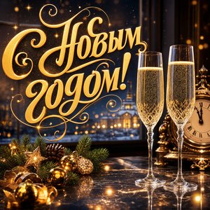 Открытка на Новый год, 1 января с бокалами шампанского и курантами