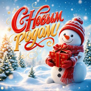 Открытка на Новый год, 1 января со снеговиком и подарком