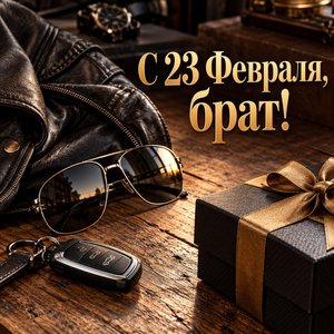 Открытка «С 23 Февраля, брат!» брату с кожаной курткой и ключами
