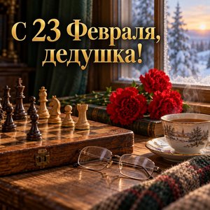 Открытка «С 23 Февраля, дедушка!» дедушке с шахматами и гвоздиками