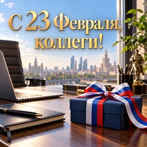Открытка «С 23 Февраля, коллеги!» коллегам с рабочим столом и подарком