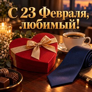 Открытка «С 23 Февраля, любимый!» любимому с подарком-сердцем и галстуком