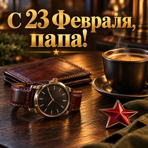 Открытка «С 23 Февраля, папа!» папе с часами и кофе на столе