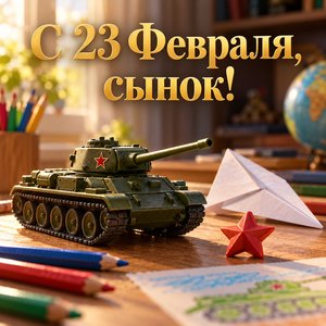 Открытка «С 23 Февраля, сынок!» сыну с игрушечным танком и самолётиком