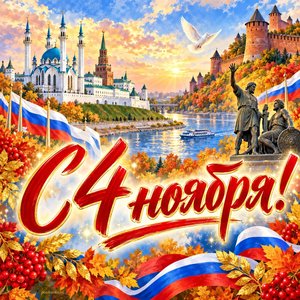 Открытка «С 4 ноября!» с кремлёвскими стенами