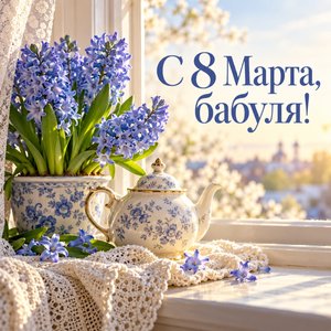 Открытка «С 8 Марта, бабуля!» бабушке с гиацинтами и фарфоровым чайником