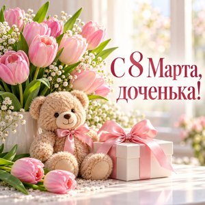 Открытка «С 8 Марта, доченька!» дочке с тюльпанами и плюшевым мишкой