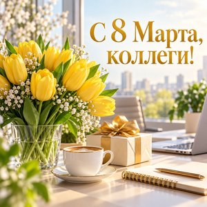 Открытка «С 8 Марта, коллеги!» коллегам с тюльпанами на рабочем столе