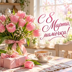 Открытка «С 8 Марта, мамочка!» маме с тюльпанами и чаем на кухне