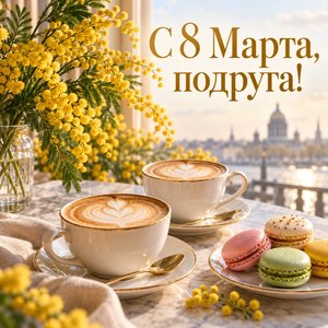 Открытка «С 8 Марта, подруга!» подруге с капучино, макарунами и мимозой