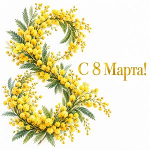 Открытка «С 8 Марта!» с акварельной мимозой в форме восьмёрки