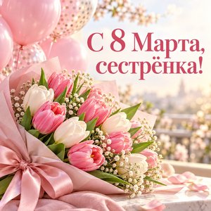 Открытка «С 8 Марта, сестрёнка!» сестре с воздушными шарами и тюльпанами