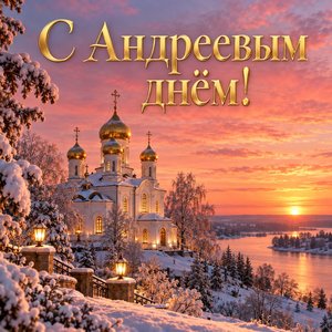 Открытка «С Андреевым днём!» с храмом на розовом закате