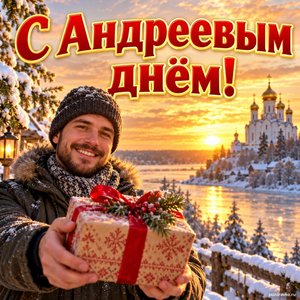 Открытка «С Андреевым днём!» с мужчиной и подарком