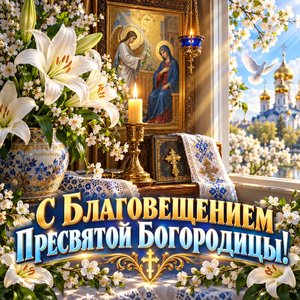 Открытка «С Благовещением Пресвятой Богородицы!» с белыми лилиями