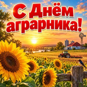 Открытка «С Днём аграрника!» с подсолнухами и мельницей