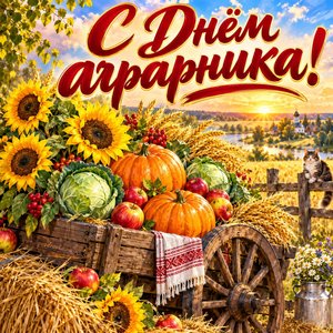 Открытка «С Днём аграрника!» с телегой урожая