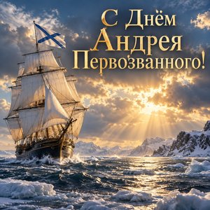Открытка «С Днём Андрея Первозванного!» с парусником под Андреевским флагом