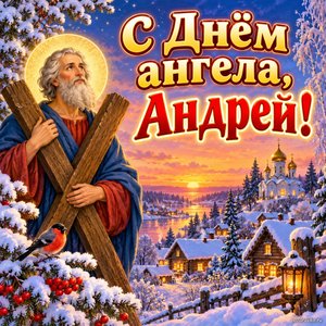 Открытка «С Днём ангела, Андрей!» с деревней в сумерках