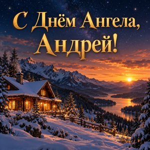 Открытка «С Днём Ангела, Андрей!» с домиком в заснеженных горах