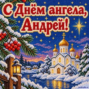 Открытка «С Днём ангела, Андрей!» с храмом под звёздами