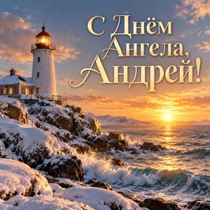 Открытка «С Днём Ангела, Андрей!» с маяком на зимнем море