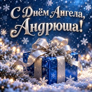 Открытка «С Днём Ангела, Андрюша!» с синим подарком и снежинками