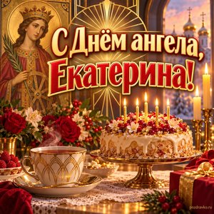Открытка «С Днём ангела, Екатерина!» с чаем и тортом