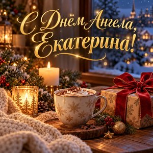 Открытка «С Днём Ангела, Екатерина!» с какао, свечами и подарком