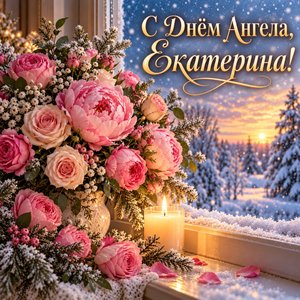 Открытка «С Днём Ангела, Екатерина!» с пионами и свечой на зимнем окне
