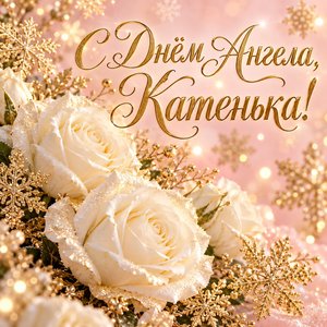 Открытка «С Днём Ангела, Катенька!» с белыми розами и золотыми снежинками