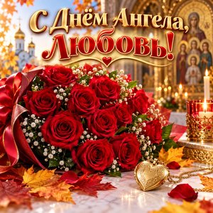 Открытка «С Днём Ангела, Любовь!» Любови с алыми розами и медальоном