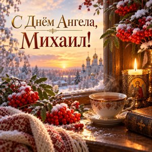 Открытка «С Днём Ангела, Михаил!» с рябиной в снегу и свечой