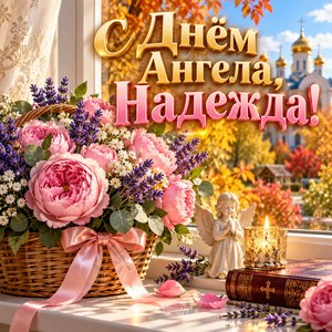 Открытка «С Днём Ангела, Надежда!» Надежде с розами в корзине