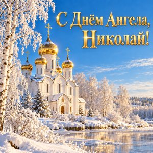 Открытка «С Днём Ангела, Николай!» с белым храмом в морозный день