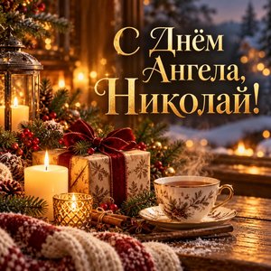 Открытка «С Днём Ангела, Николай!» с чаем, свечами и подарком