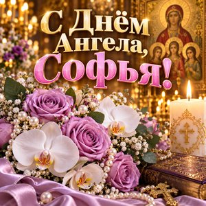 Открытка «С Днём Ангела, Софья!» Софье с сиреневыми розами и орхидеями