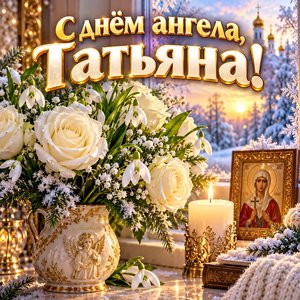 Открытка «С днём ангела, Татьяна!» с белыми розами и свечой